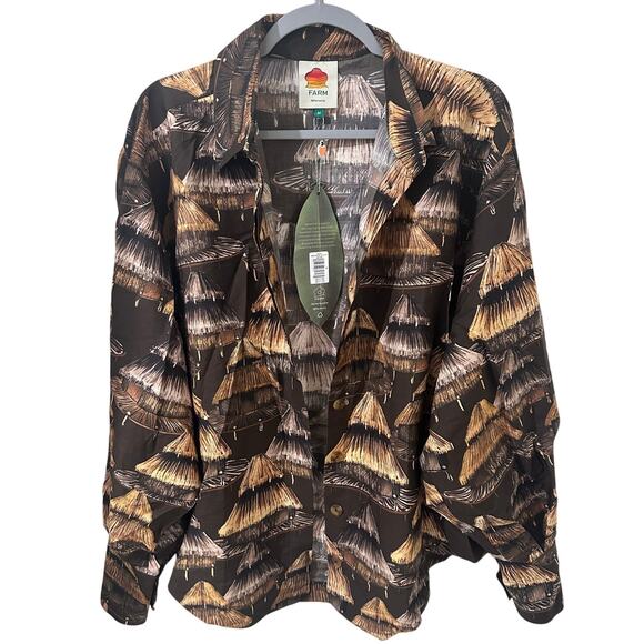 NWT Farm Rio x Yawanawa The Shuhu Brown Long Sleeve Button Up Shirt, size M - Picture 2 of 13